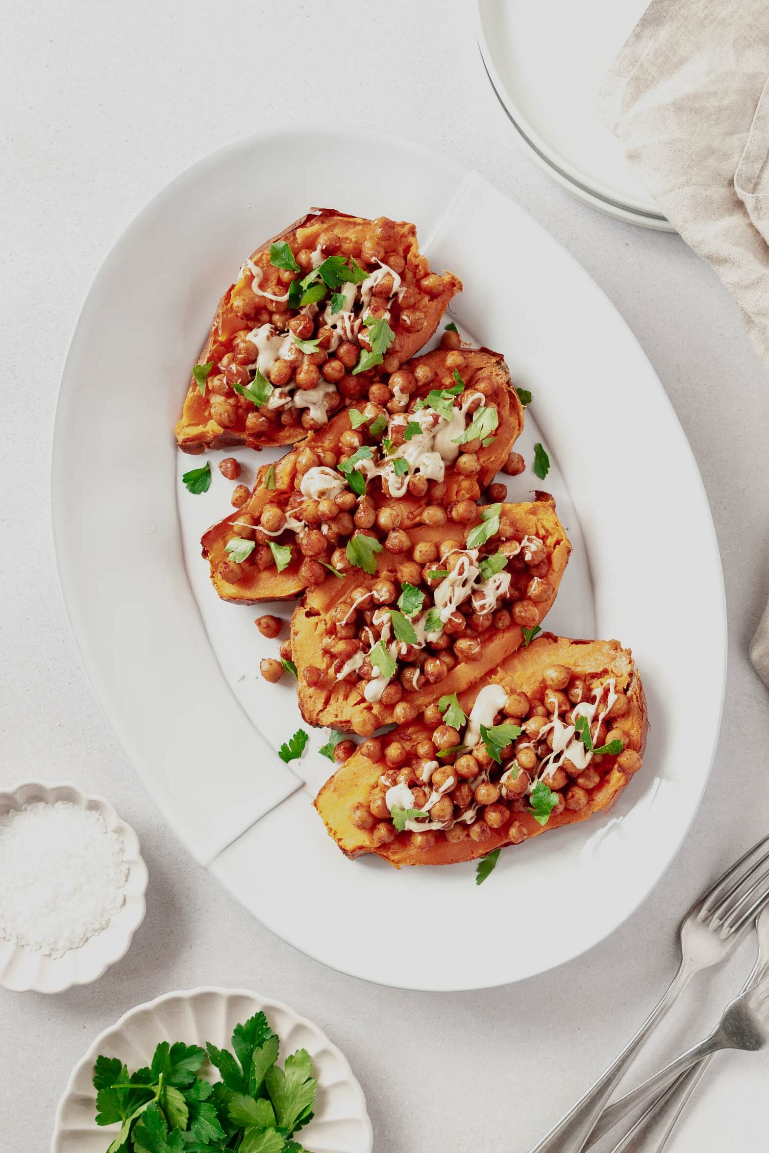 Baked Sweet Potato with Harissa Chickpeas