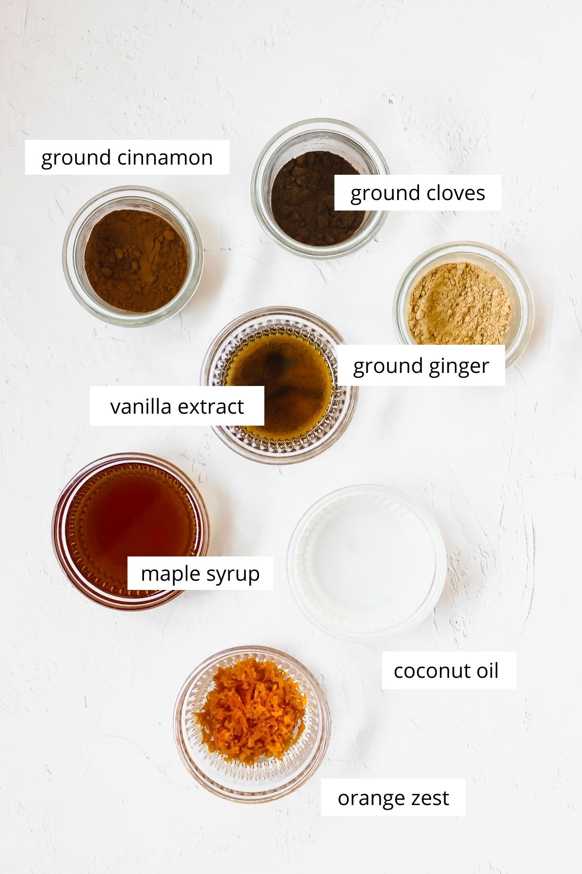 wet ingredients for gingerbread granola on light background.