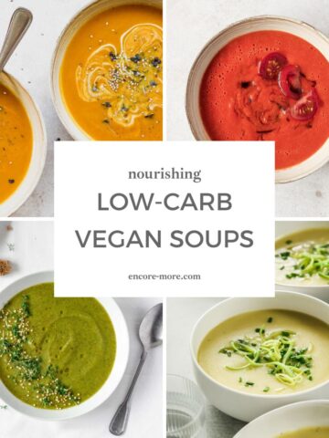 different vegan and low carb soups graphic with banner.