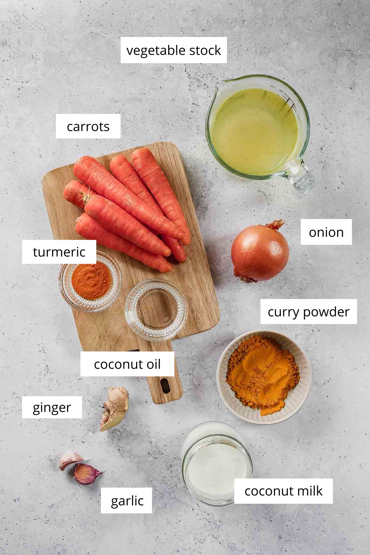 ingredients for curried carrot ginger soup.