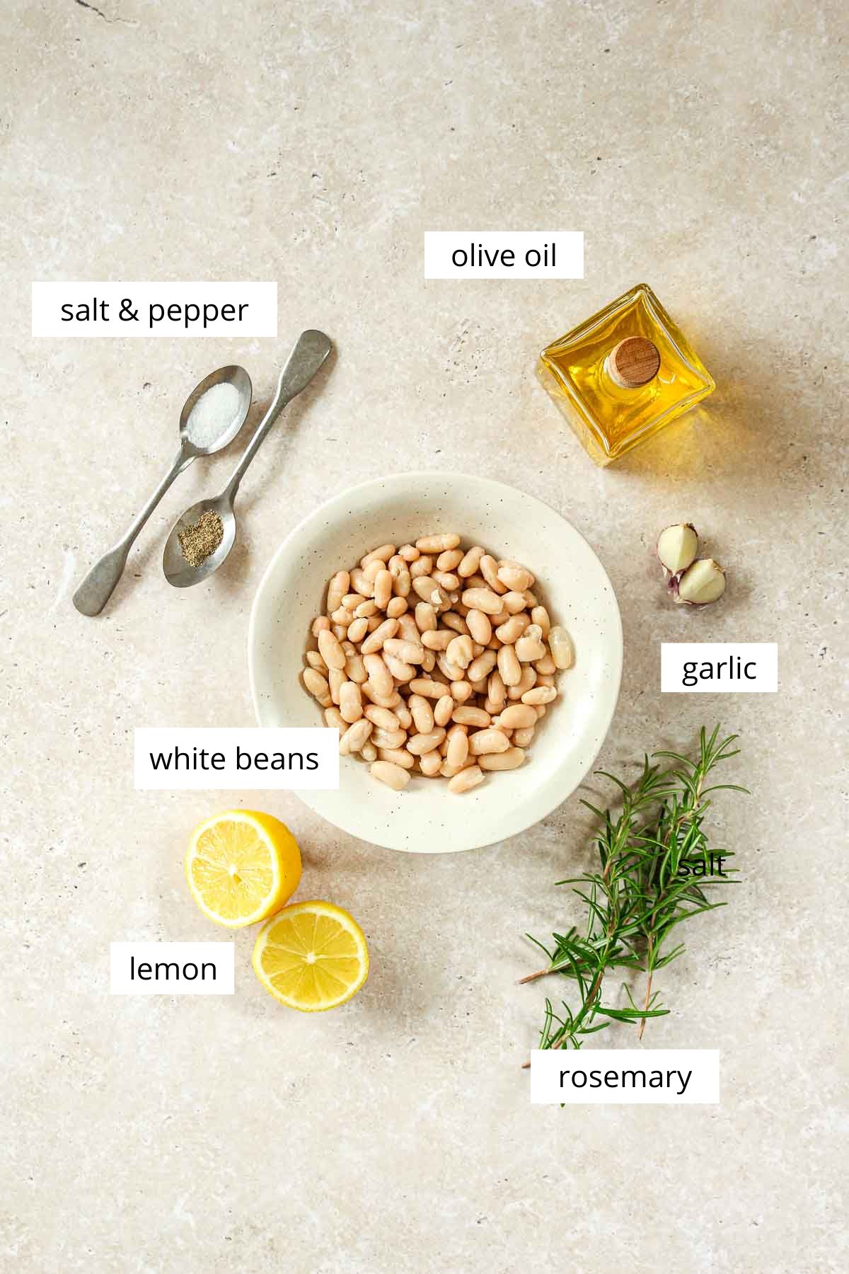 ingredients for vegan white bean dip with labels.