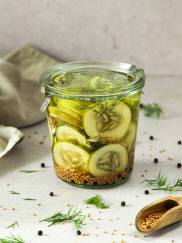 sweet and sour pickled cucumber sin glass jar with herbs and spices scattered around.