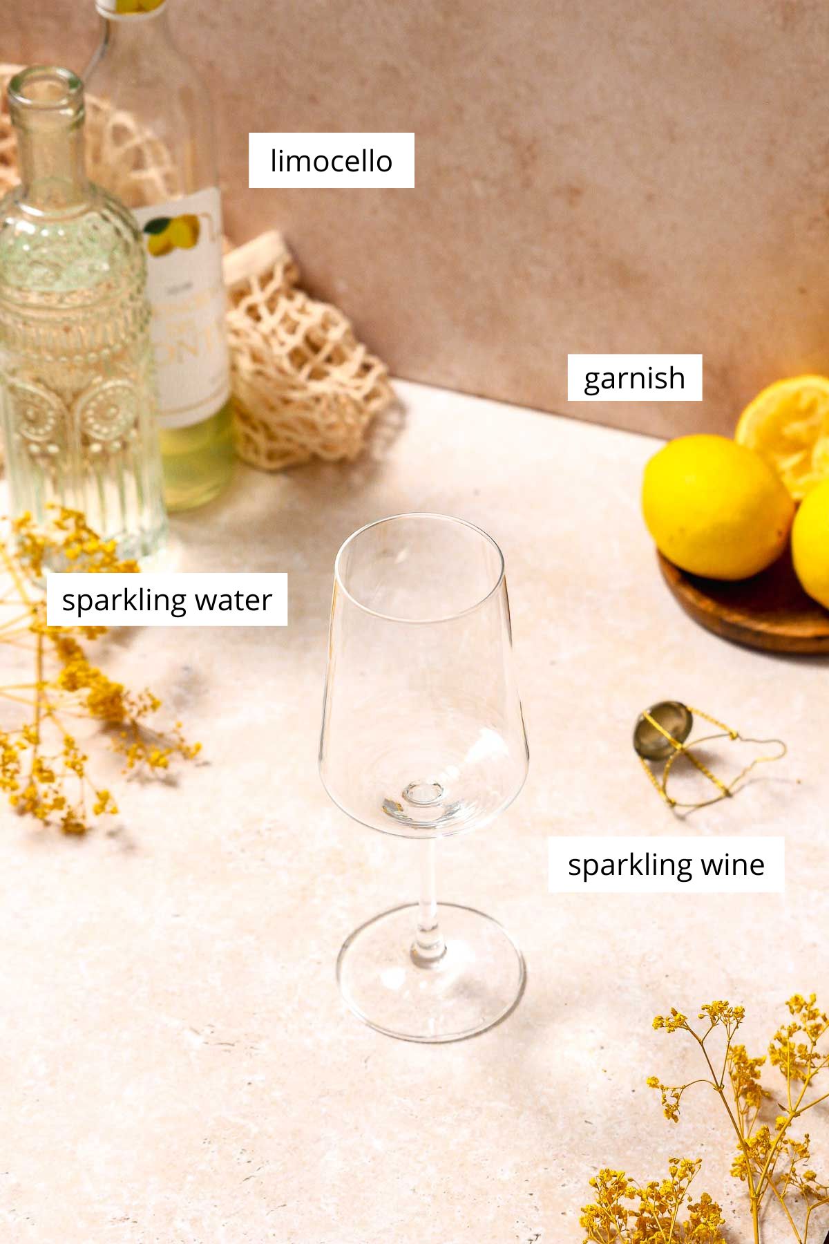 ingredients for limoncello spritz cocktail with labels on beige marble background.